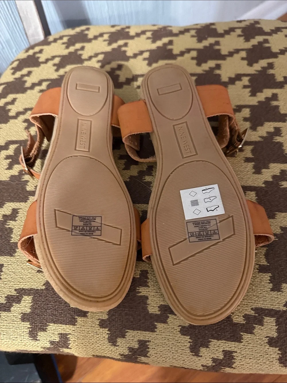 Nine West Cognac Brown Leather Buckle T-Strap Sandals